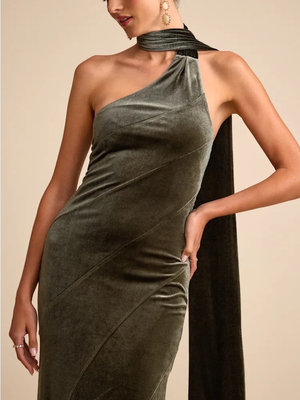 Lulus Asymmetric One-Shoulder Velvet Dress in Olive